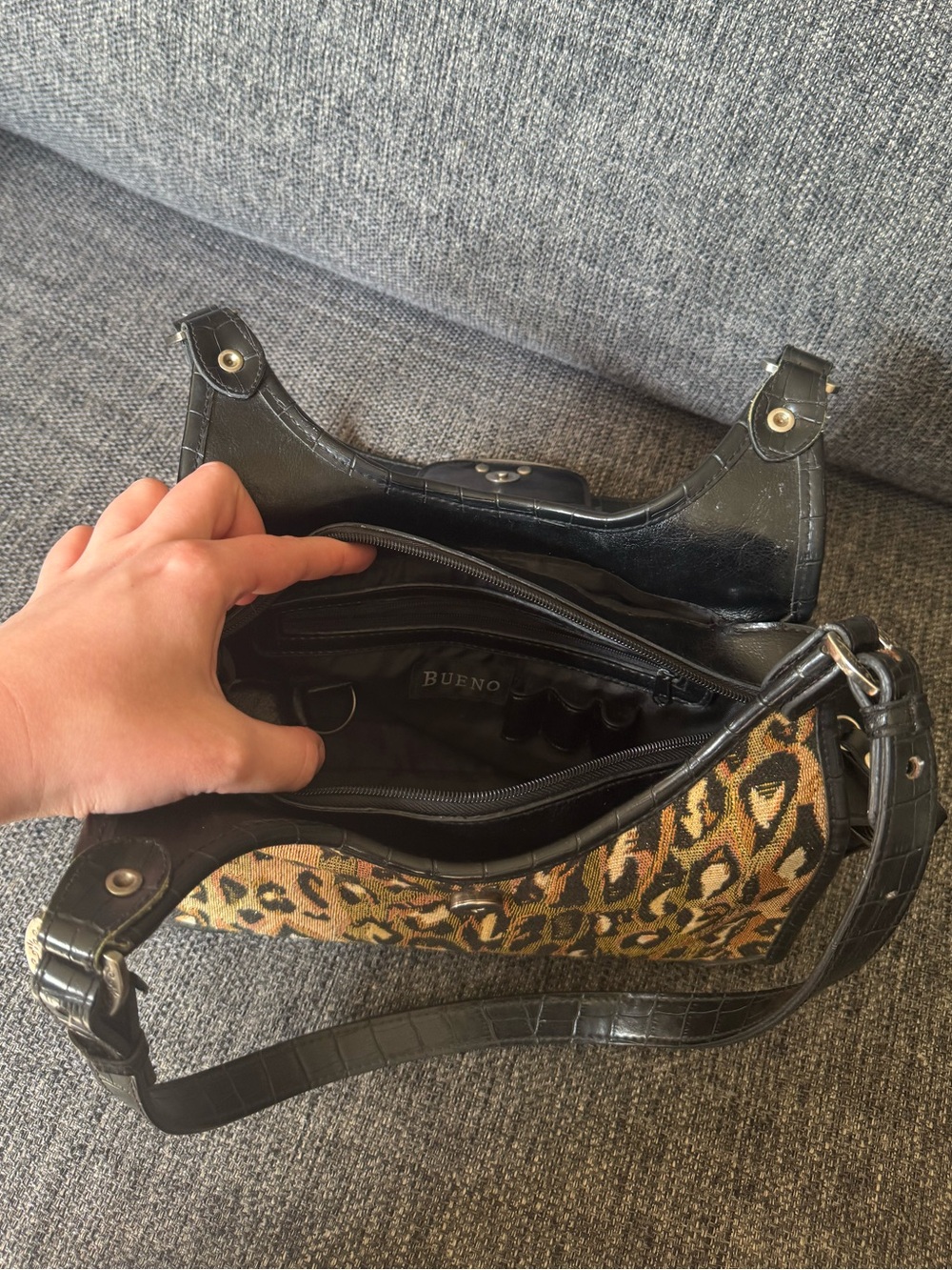 Y2K Bueno Leopard Print Shoulder Bag with Black Leather Trim & Butterfly Detail - Picture 9 of 15